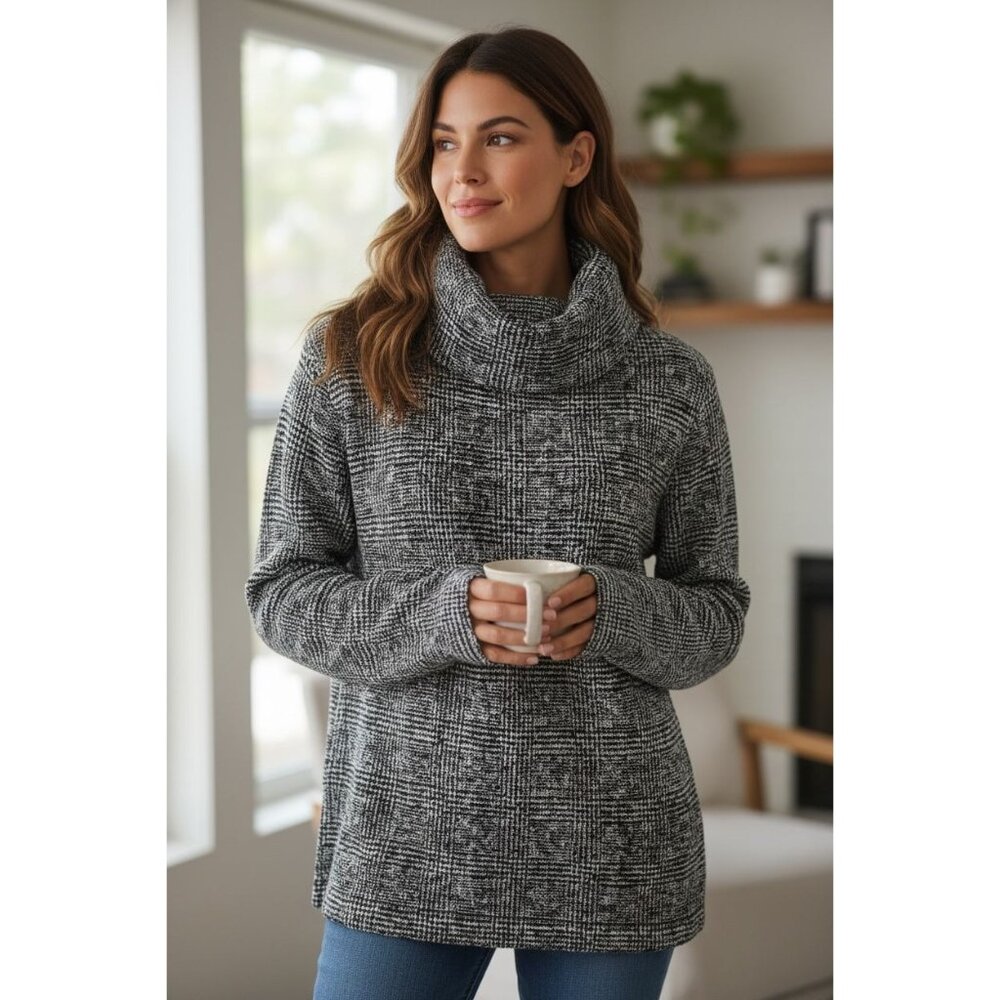 J. Crew Fleece Pullover Glen Plaid Turtleneck Funnel Neck Black White Women S
